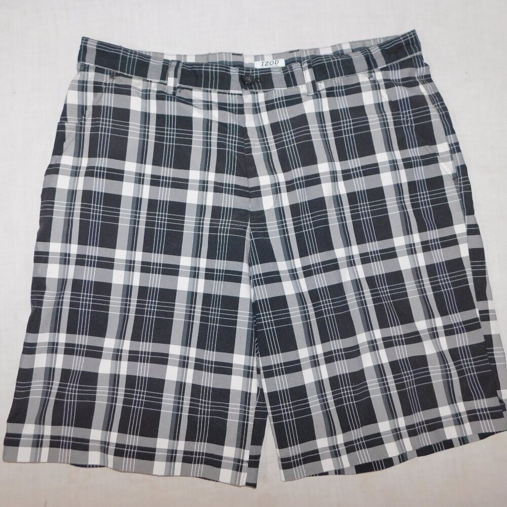 IZOD Performance X Golf Black White Plaid flat front Shorts Mens 38